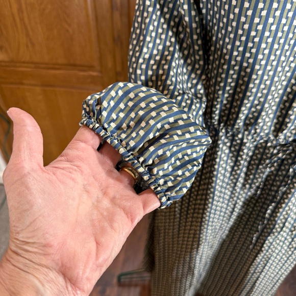 J. McLaughlin Green Blue Geometric Silk Shirt Dress Drawstring Waist L - Picture 5 of 13